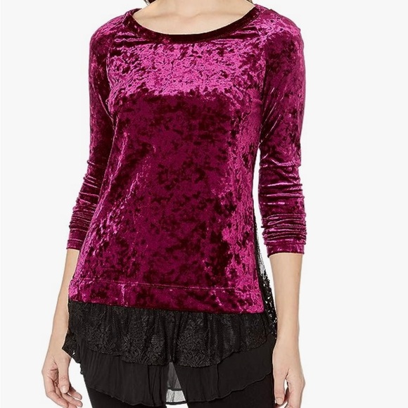 Karen Kane Tops - Karen Kane Long Sleeve Luxe Velvet Lace Chiffon Inset Berry Purple Top Size M